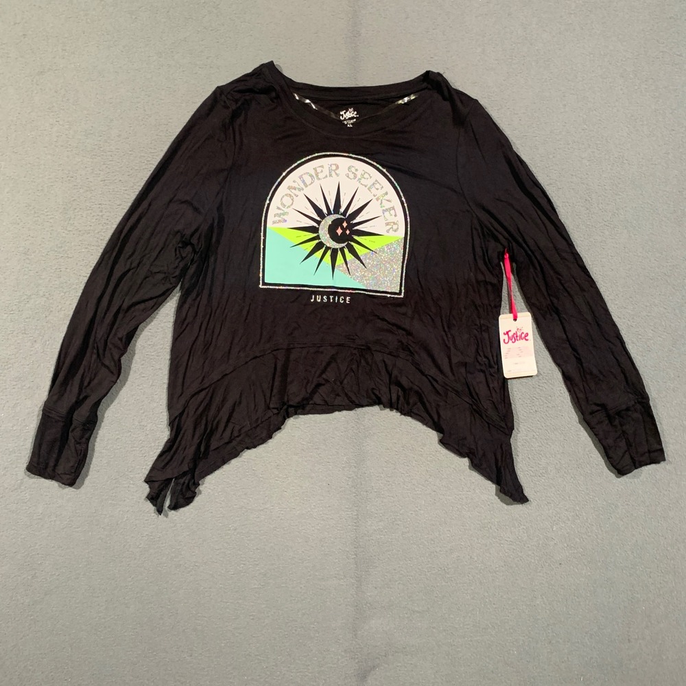 Justice Graphic Top Girls XL 16/18 Black Wonder Seeker Glitter Sharkbite Hem